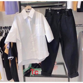 sét quần baggy bò đen áo sơ mi cộc