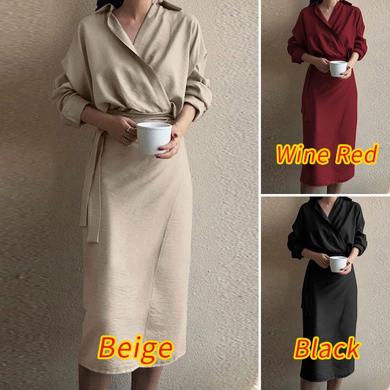 Đầm midi  ZANZEA tay dài cổ bẻ cột dây thời trang cho nữ