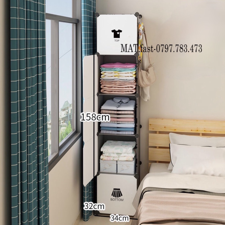 TỦ ĐỒ LẮP GHÉP THÔNG MINH 5 Ô CỬA TRẮNG ĐỤC ĐA NĂNG ĐỂ ÁO DÀI sâu 47cm, vách trắng.