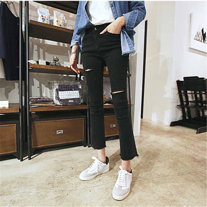 Jiashucheng Quần Jean Dài Tới Mắt Cá Chân Eo Cao Dáng Rộng Rách Dài Tới Mắt Cá Chân @ -