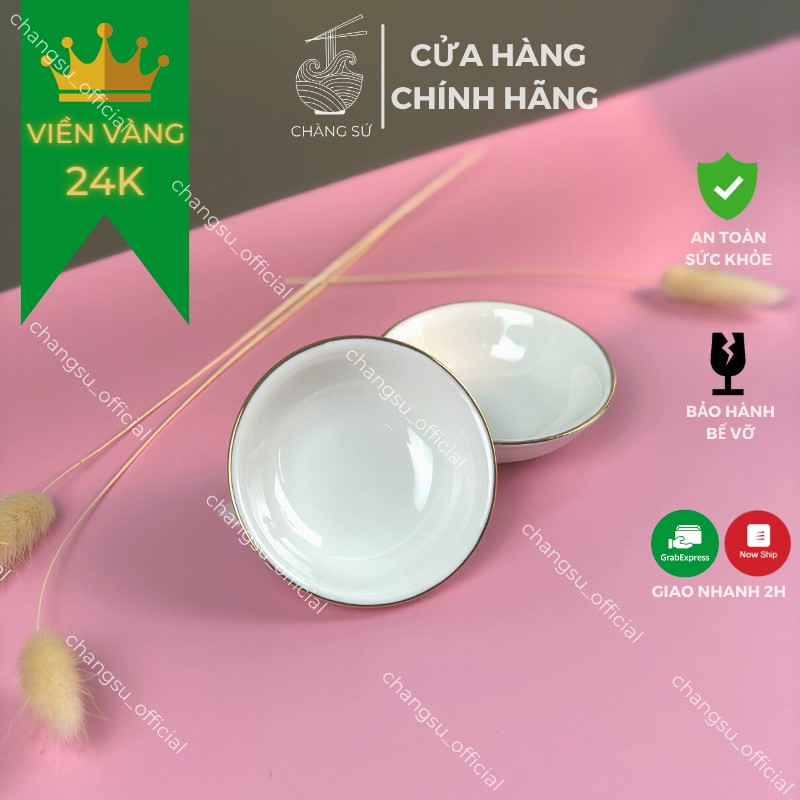 Đĩa chấm viền vàng thật 12k - Dĩa đựng gia vị đường kính 8cm sứ Minh Châu