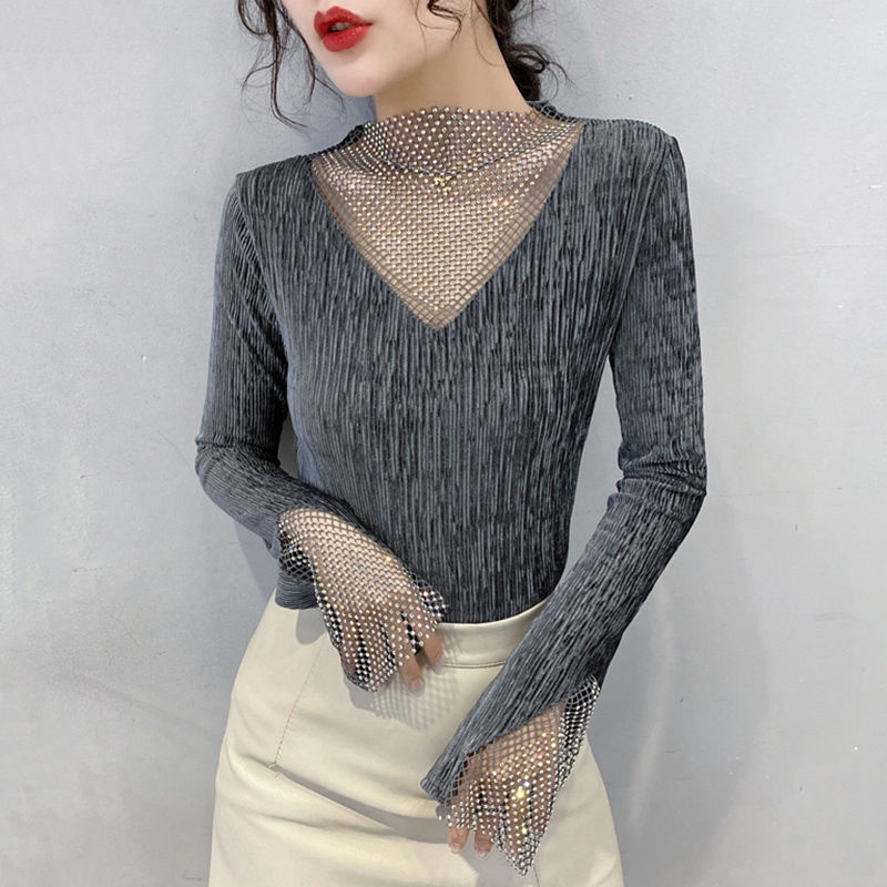 Áo thun tay dài phối lưới đính đá thời trang xuân thu dành cho nữ 2021