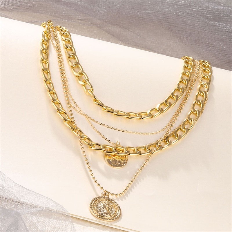 Vòng cổ nhiều lớp mặt hình đồng xu cỡ lớn vintage cho nữ