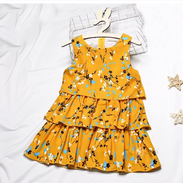 Đầm Xinh Cho Bé Gái Vải Lụa Hoa, Xếp Tầng