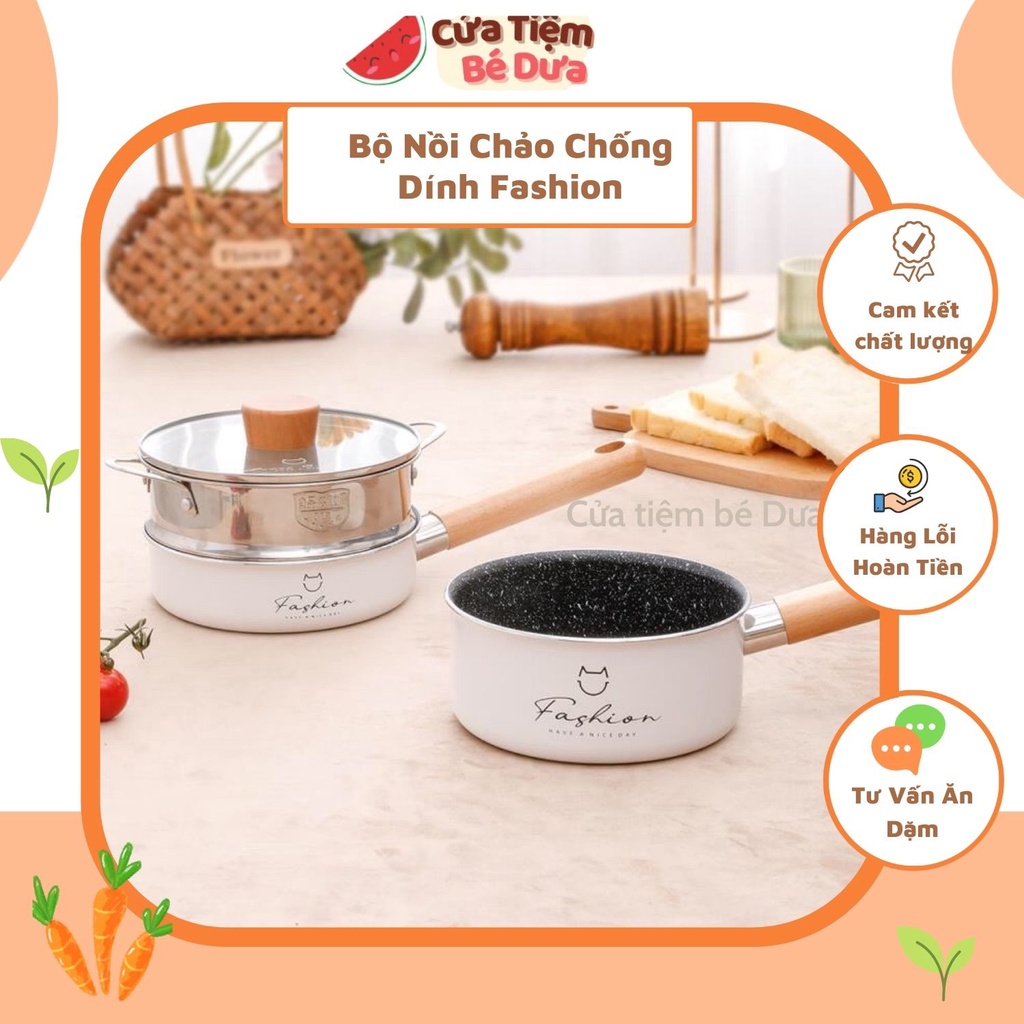 Bộ Nồi Chảo Xửng Hấp Fashion Hàn Quốc nấu ăn dặm,nấu bột, nấu cháo cao cấp, men đá chống dính, kèm xửng hấp