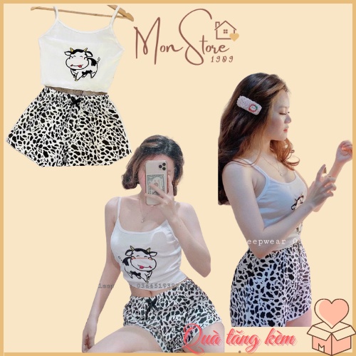 Set Bộ Ngủ Bò Sữa - Bộ Đồ Ngủ Thêu Hình Bò Sữa Thun Cotton Co Dãn Thoải Mái ( Quà Tặng Kèm )