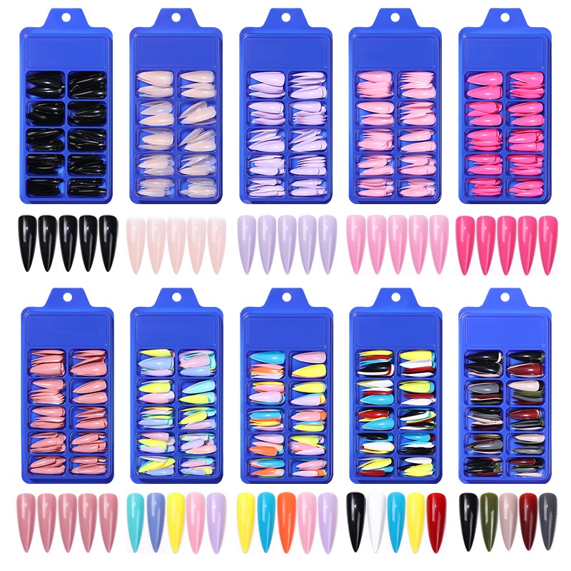 Bộ 100 móng tay giả UR SUGAR phủ toàn diện màu vàng/ xanh lá neon dáng coffin