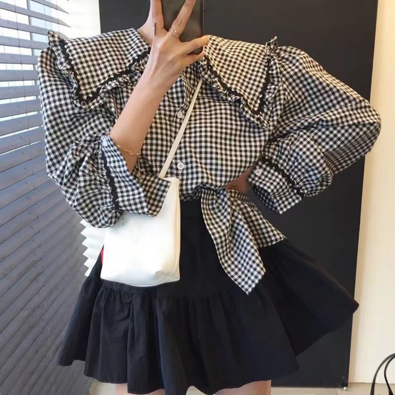 Áo sơ mi cổ bèo viền ren tay bồng- sơ mi nữ dài tay from rộng về 2 màu trắng caro phong cách ulzzang hàn quốc