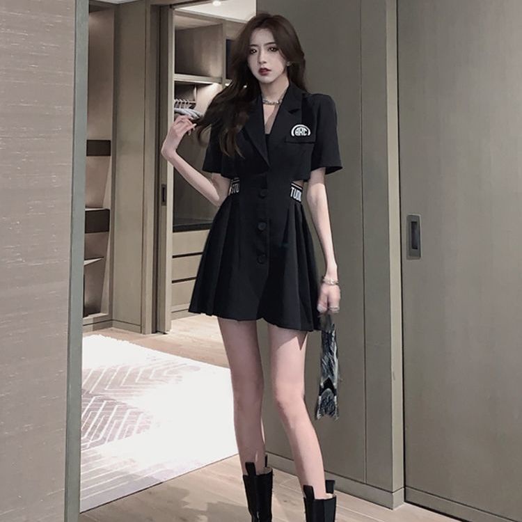 Đầm ngắn xếp nếp cạp cao in màu phong cách mùa hè đơn giản mới cho nữ