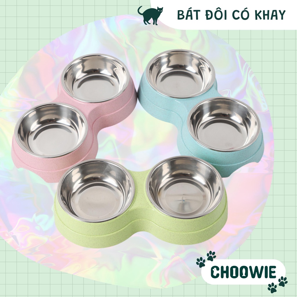 Bát ăn đôi có khay inox rời CAO CẤP dành cho thú cưng | Phụ kiện chó mèo