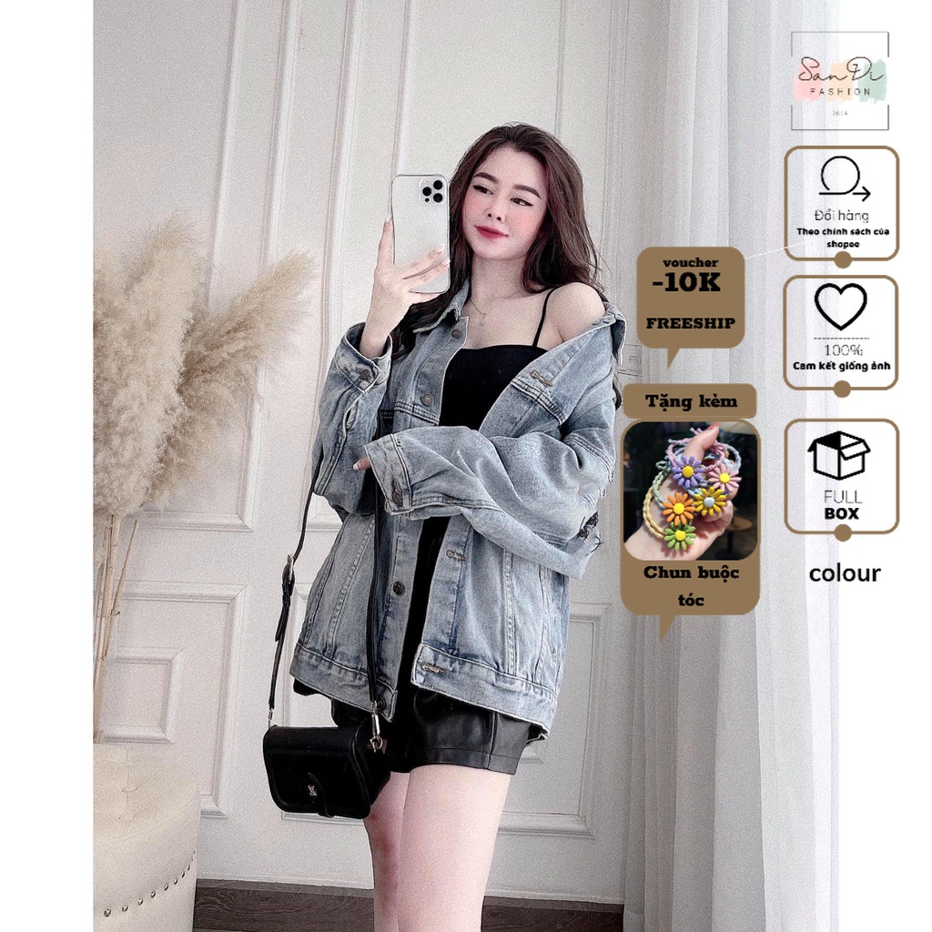 Áo Khoác Nữ Jean UNISEX Form Rộng Nữ - Áo khoác bò form rộng suông SanDi in chữ Palm angels