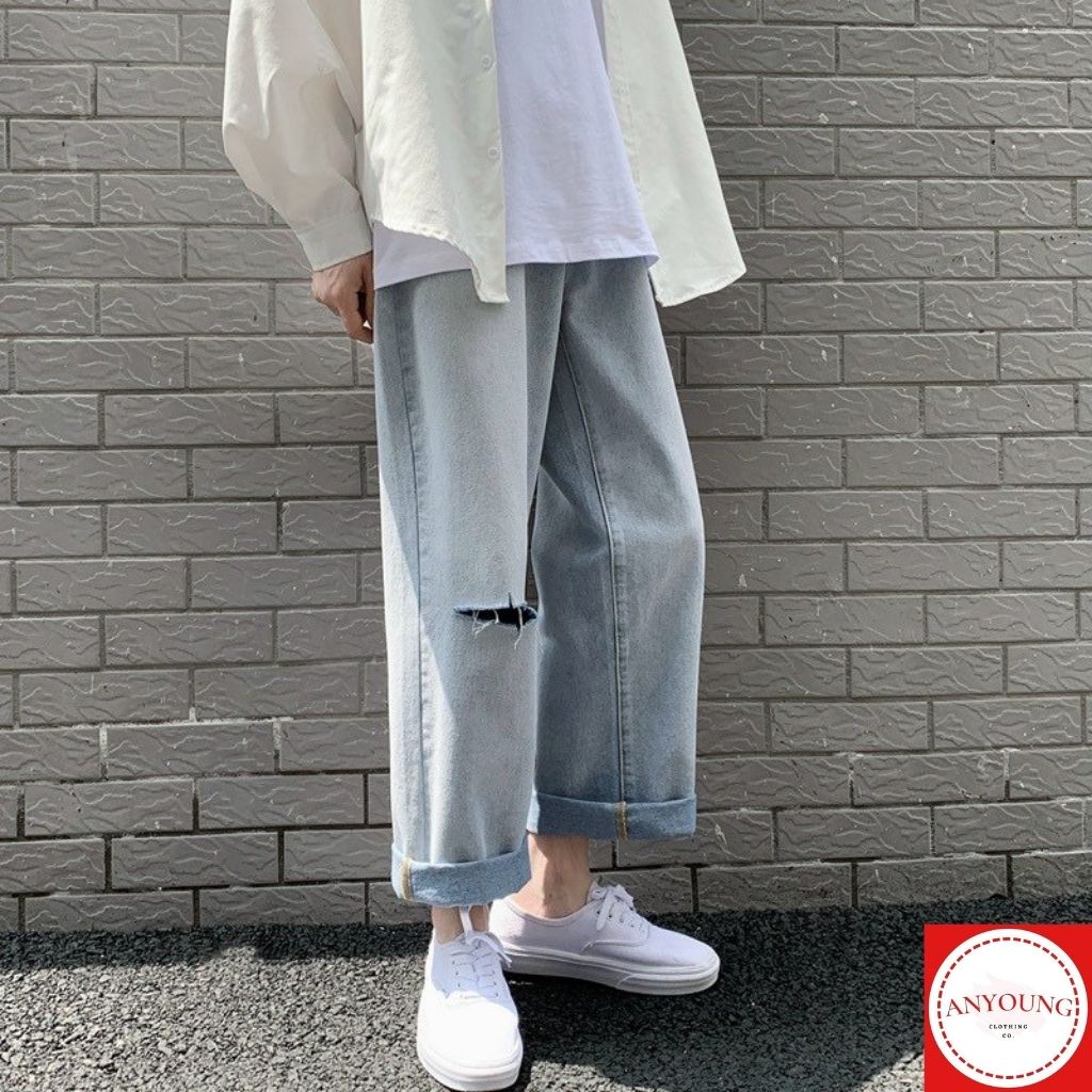 Quần Ống Rộng Nam Quần jean nam rách gối cá tính - năng động thời trang cao cấp ANYOUNG QD26