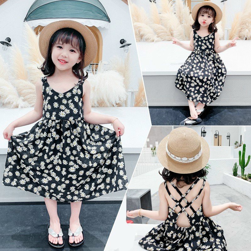 Đầm maxi 2 dây họa tiết hoa cúc đan lưng cho bé 1-5 tuổi cực xinh, vải mỏng mát thấm hút mồ hôi từ 9-22kg