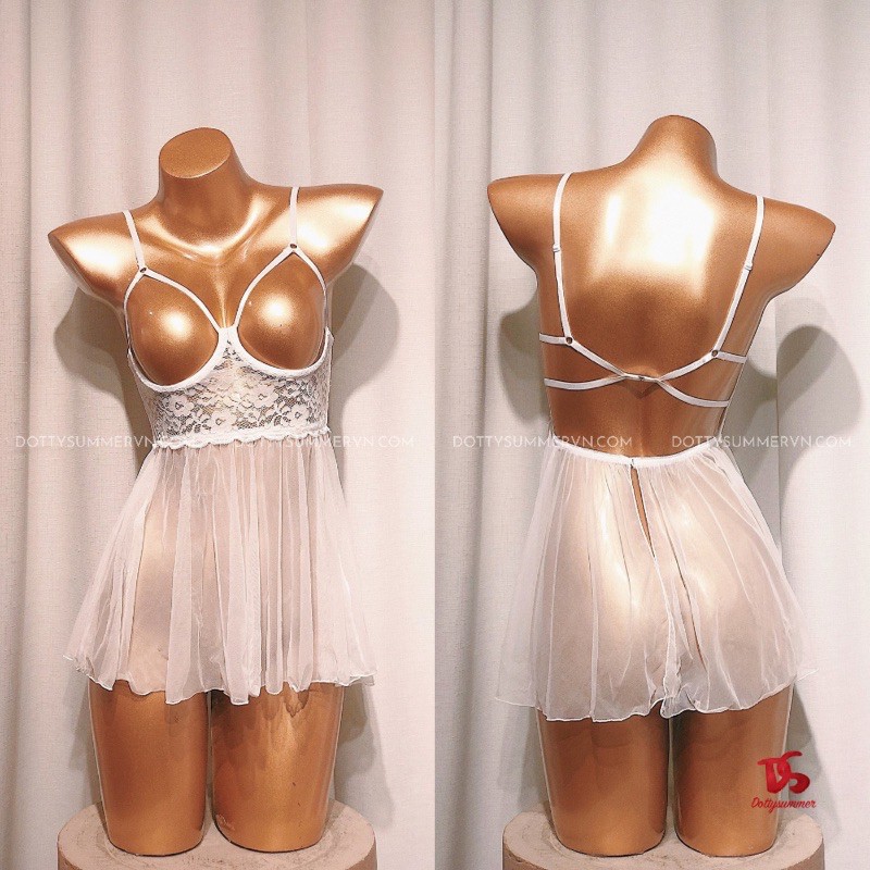 Đầm Ngủ Thun Lưới Xuyên Thấu Cutout Quả Ngực Táo Bạo, Đầm Sexy Dáng Babydoll Siêu Gợi Cảm Quyến Rũ