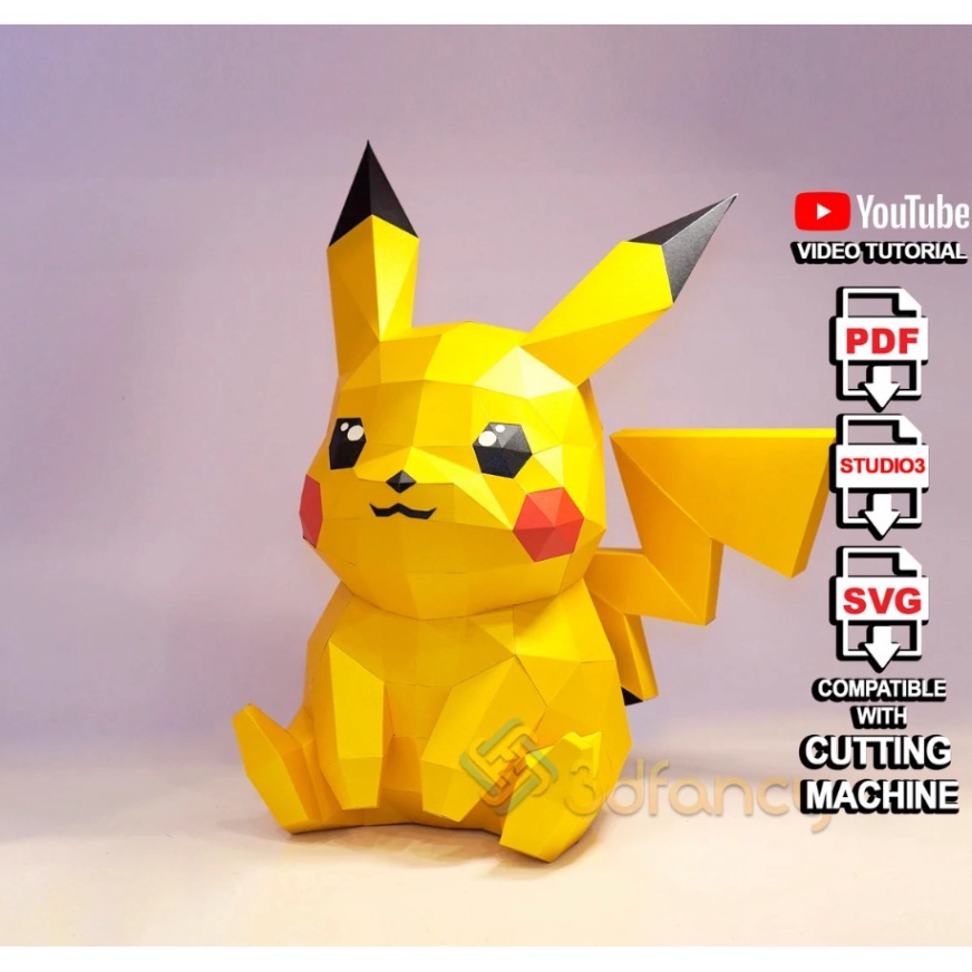 Mô hình Pikachu 3D bằng giấy cao 40cm tự lắp ghép có hướng dẫn, trang trí bàn làm việc hoặc phòng khách