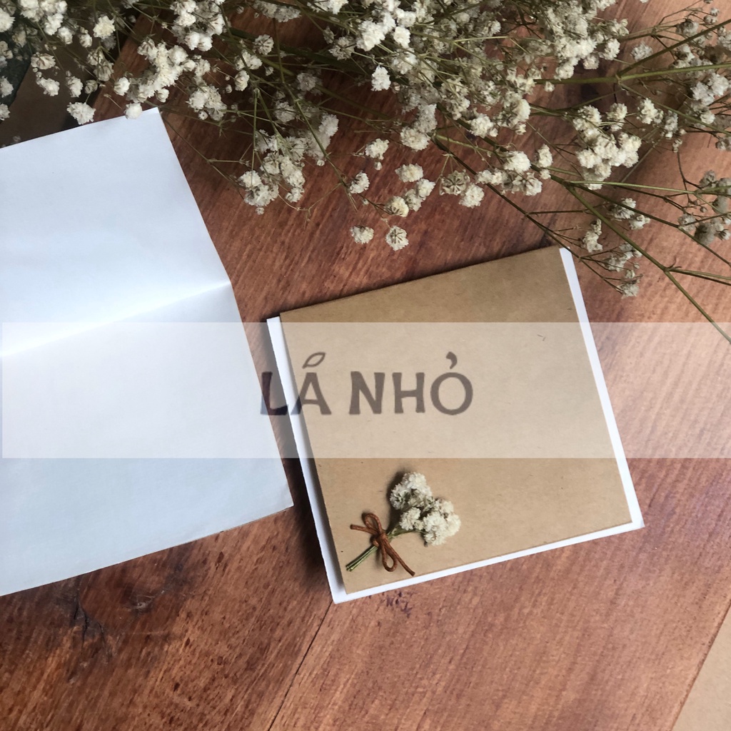 Thiệp quà tặng LÁ NHỎ - Handmade - Hoa Khô - Vintage - Ghi lời nhắn - Thiệp sinh nhật - Giấy Kraft