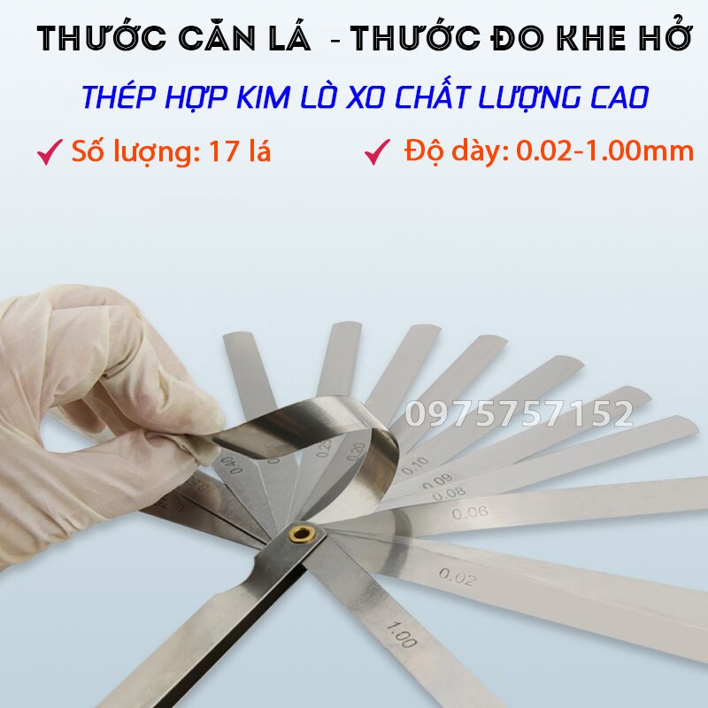 Thước căn lá 17 miếng cao cấp, thước lá chỉnh cò đo khe hở 0.02-1.00mm, dưỡng đo khe hở thép lò xo đàn hồi chính xác cao