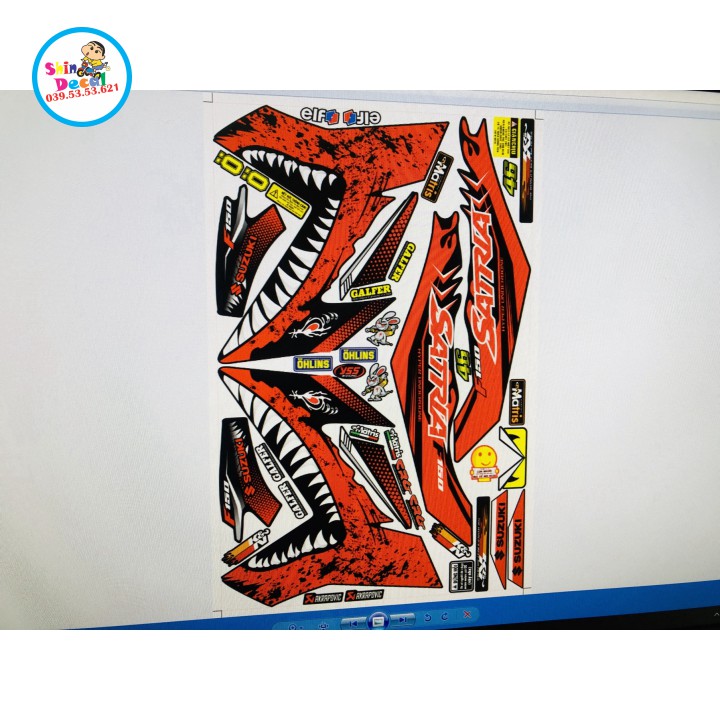 Tem xe satria fi cá mập dán xe đen