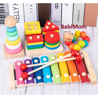 Set 4 Món Đồ Chơi Gỗ Phát Triển Trí Não Cho Bé Tháp Xếp Gỗ, Sâu Gỗ, Đàn 8 Thanh Khung Gỗ, Luồn Hạt Luyện Tay