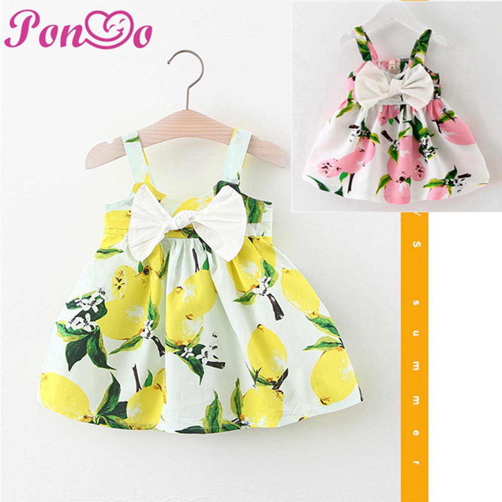 Đầm Hai Dây Đính Nơ Họa Tiết Hoa Ngọt Ngào Cho Bé Gái 0-3 Tuổi