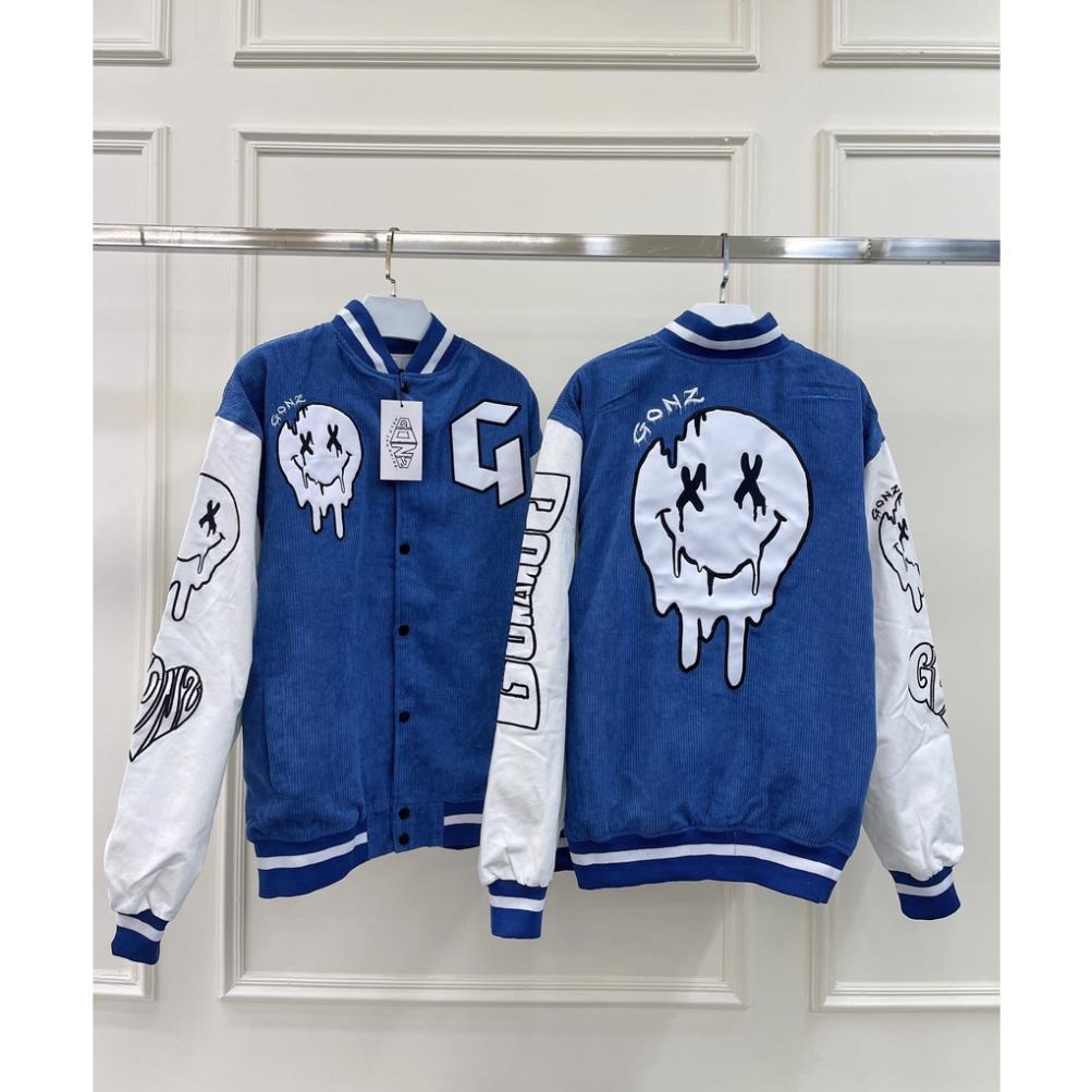 Áo khoác Bomber, Varsity jacket GONZ nhung tăm Blue Full Face form rộng phong cách