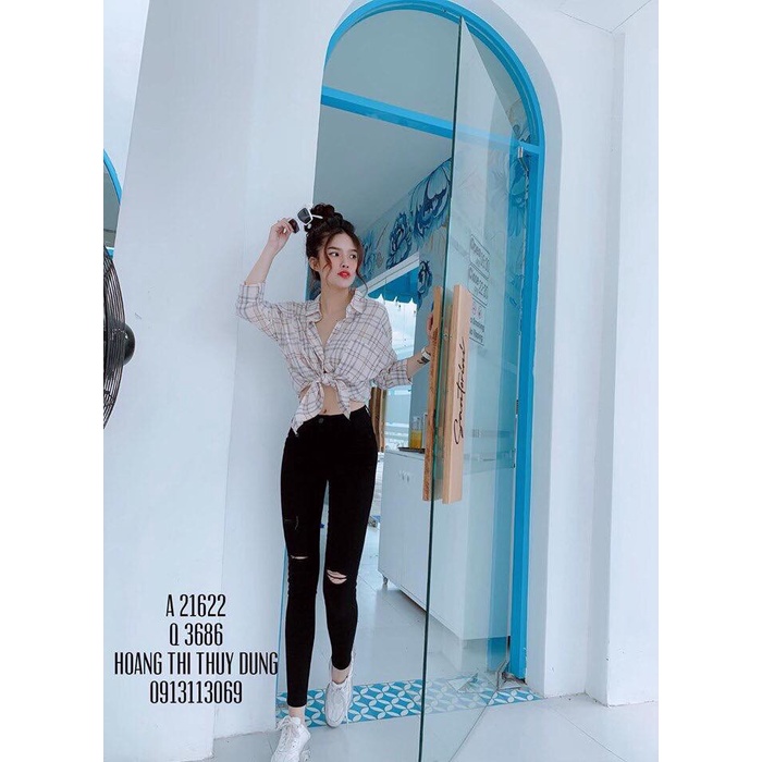 Quần jean nữ, Quần bò rách gối màu đen SKINNY Lưng cao siêu co giãn tôn dáng