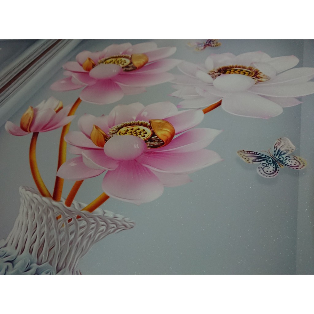 Bộ 3 tranh dán tường HD Bình hoa sen ngọc HBinh_3D_020 Kim sa