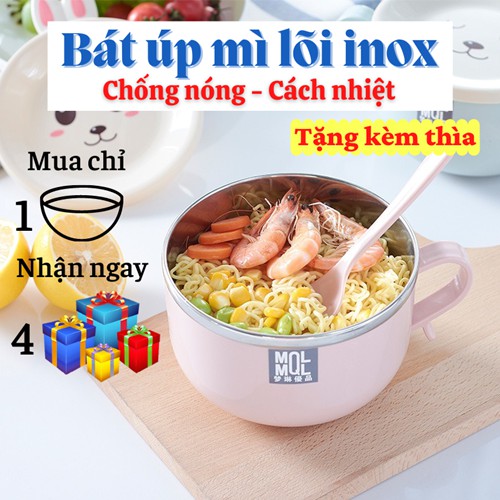 [Tặng kèm thìa] Bát ăn mì 🥗 Tô úp mì inox 2 lớp có nắp chống nóng cao cấp bát ăn cho bé nắp hình thú dễ thương