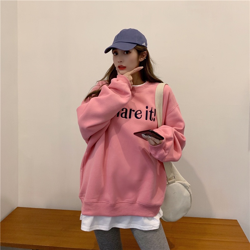 Áo nỉ dài tay cổ tròn dáng rộng in chữ thời trang