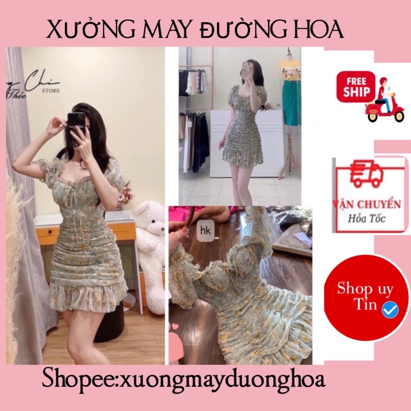 (Siêu Hót) Váy hoa cổ vuông rút dây buộc nhún tầng đuôi cá siêu xinh sẵn đệm ngực