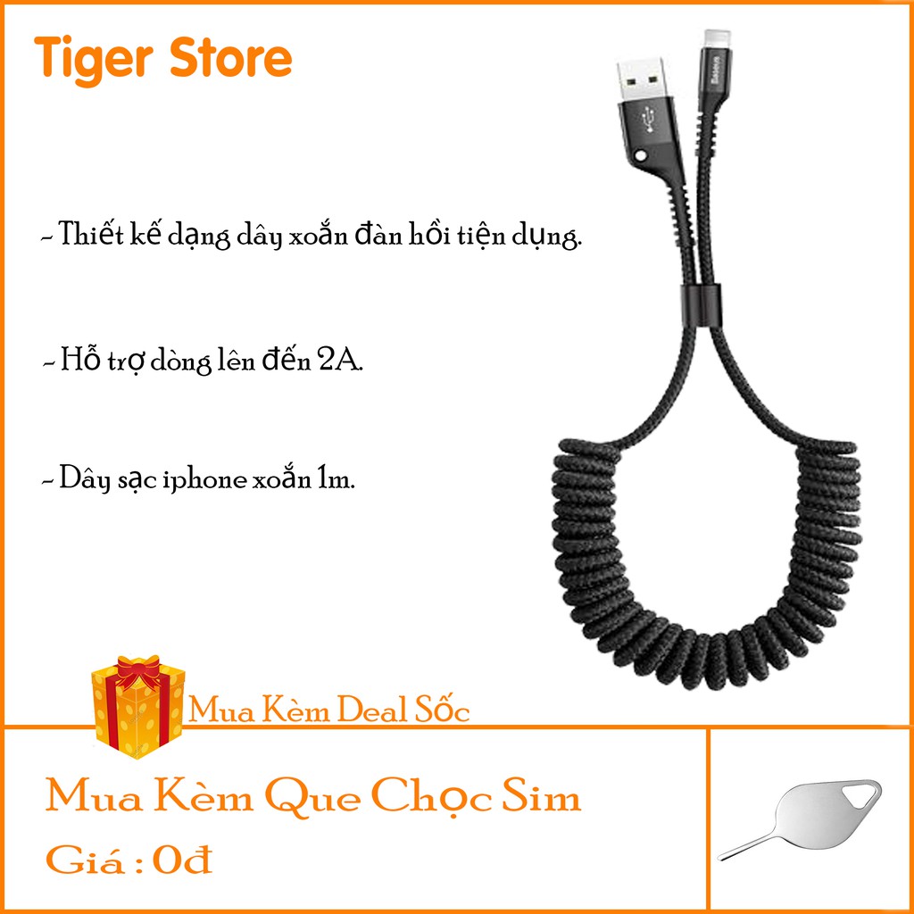 Dây sạc iphone Baseus Spring cáp sạc lò xo 1m sạc nhanh iphone - Hàng chính hãng - Tiger storee