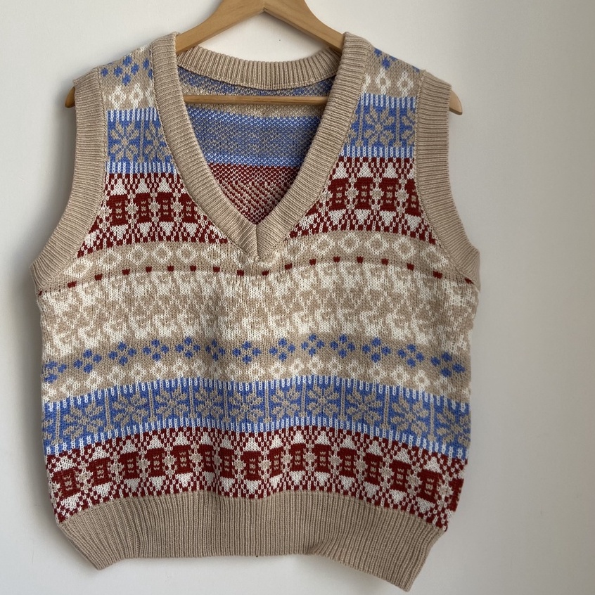 Áo len gile nữ họa tiết vintage siêu ấm áp