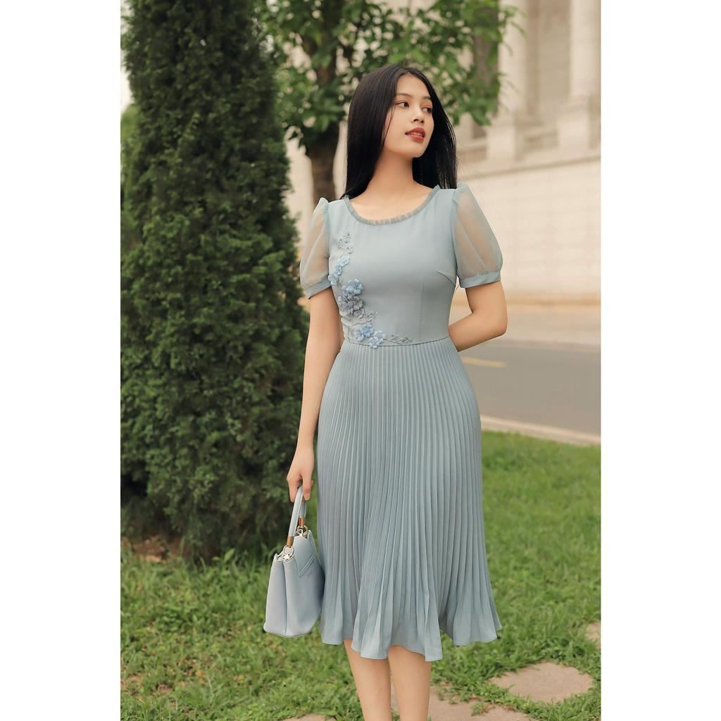 Đầm nữ thiết kế Hong Vic xanh ghi dập ly DL490