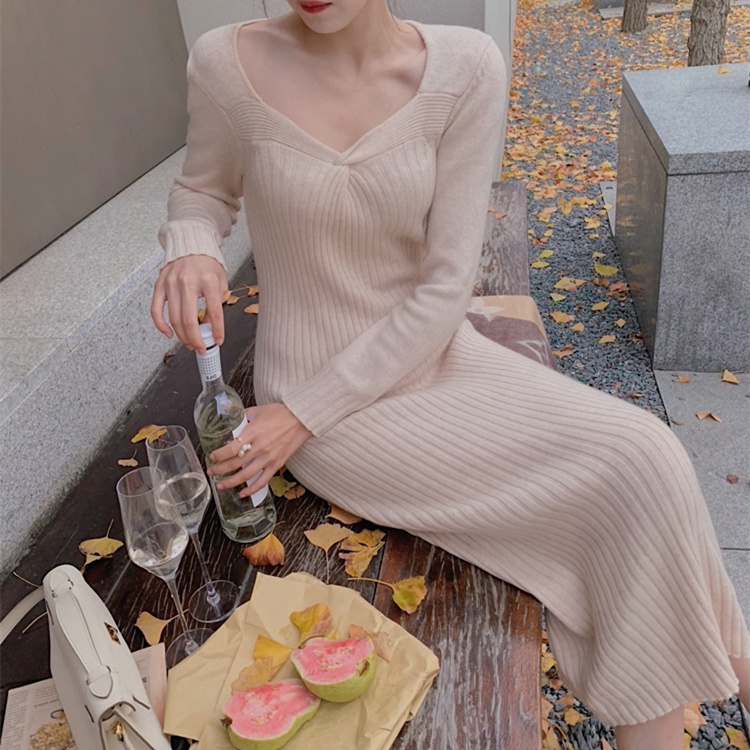 Đầm midi dệt kim SUXI tay dài cổ chữ V dáng ôm màu trơn thời trang mùa thu cho nữ