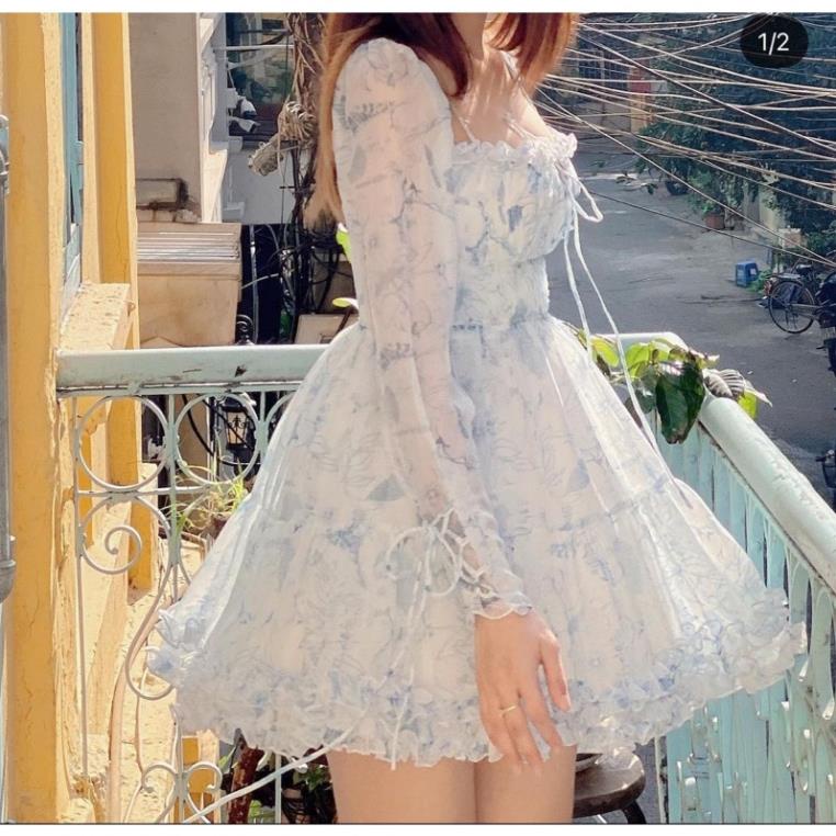 Đầm voan hoa xanh dáng xòe nhún ngực thắt nơ