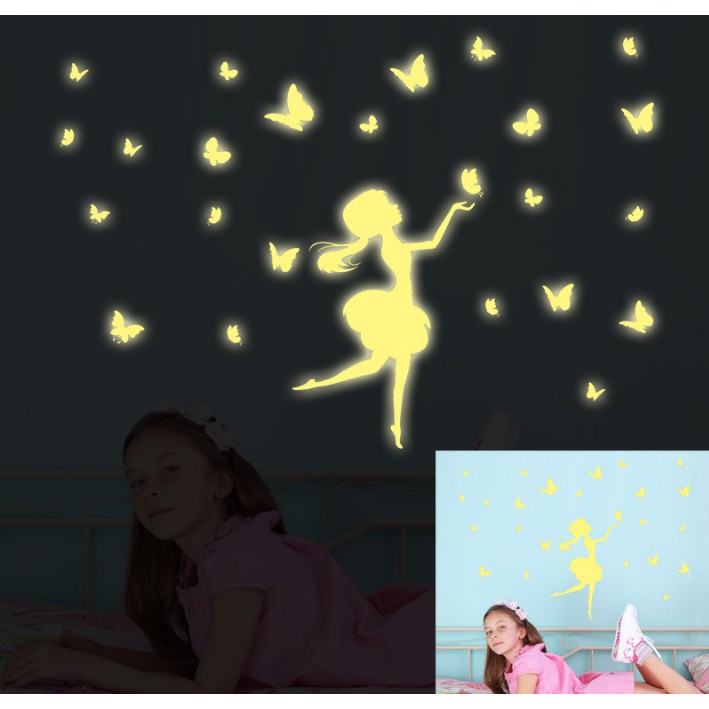Decal trang trí tường Cô Gái và đan bướm - Dạ Quang