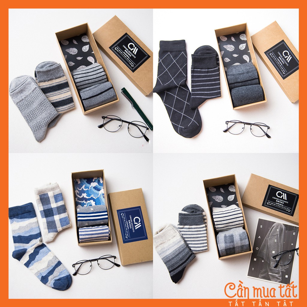 Tổng hợp tất nam cao cấp Caramella cổ cao, set vớ nam 4 đôi kèm túi zip