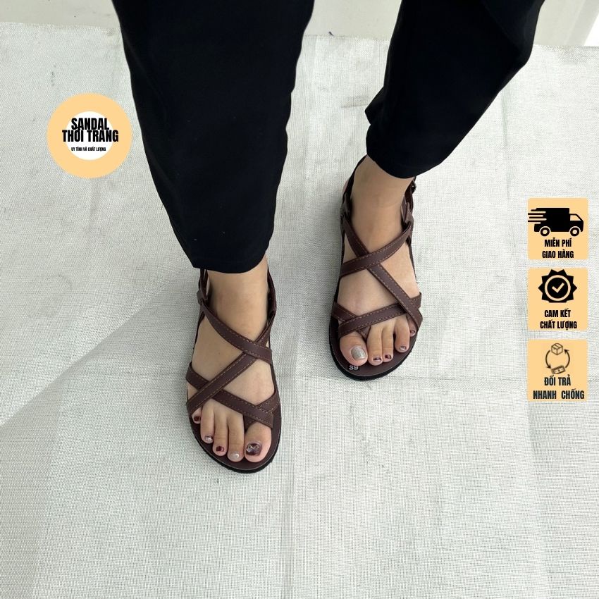 Giày sandal xỏ ngón quai chéo A101 nâu đen, đi học, đi chơi, Da Pu SANDALTHOITRANG