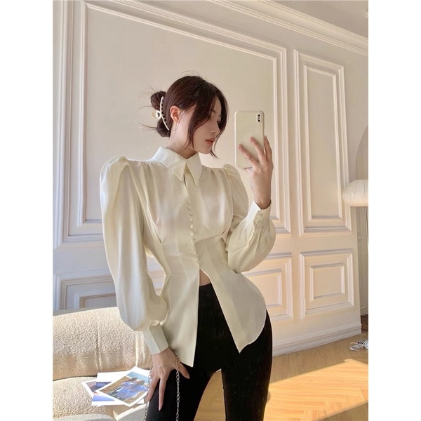 Áo sơ mi lụa tay bồng cúc dọc buộc dây sau