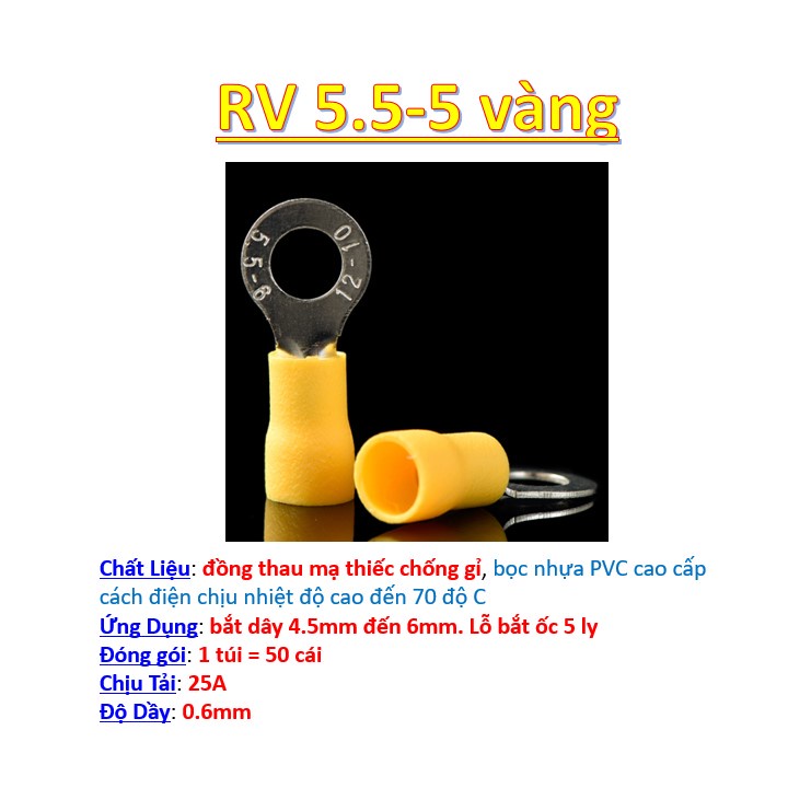 Đầu cos dây điện tròn bọc nhựa RV 3.5 RV 5.5, đầu cốt bấm dây điện 2.5mm 4mm 6mm, cosse  đồng đấu nối điện