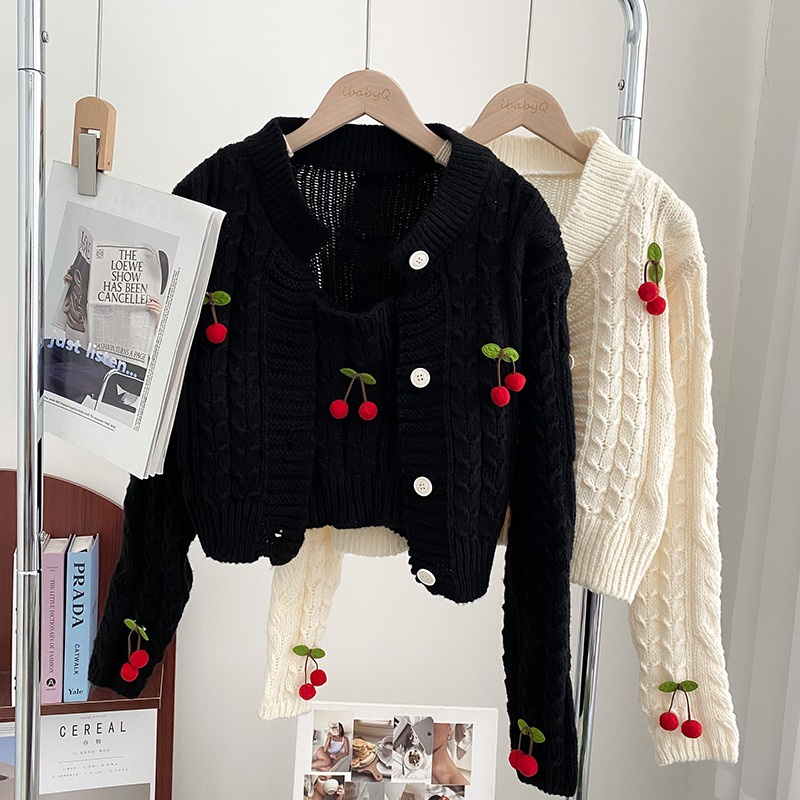 Set áo khoác cardigan kèm áo hai dây đính quả cherry Thucucstore Áo cardigan len hàng Quảng Châu loại 1
