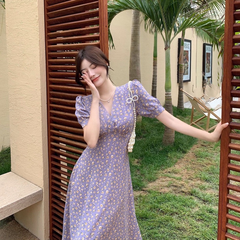 Váy hoa nhí dáng dài vingate màu tím cực hotrend