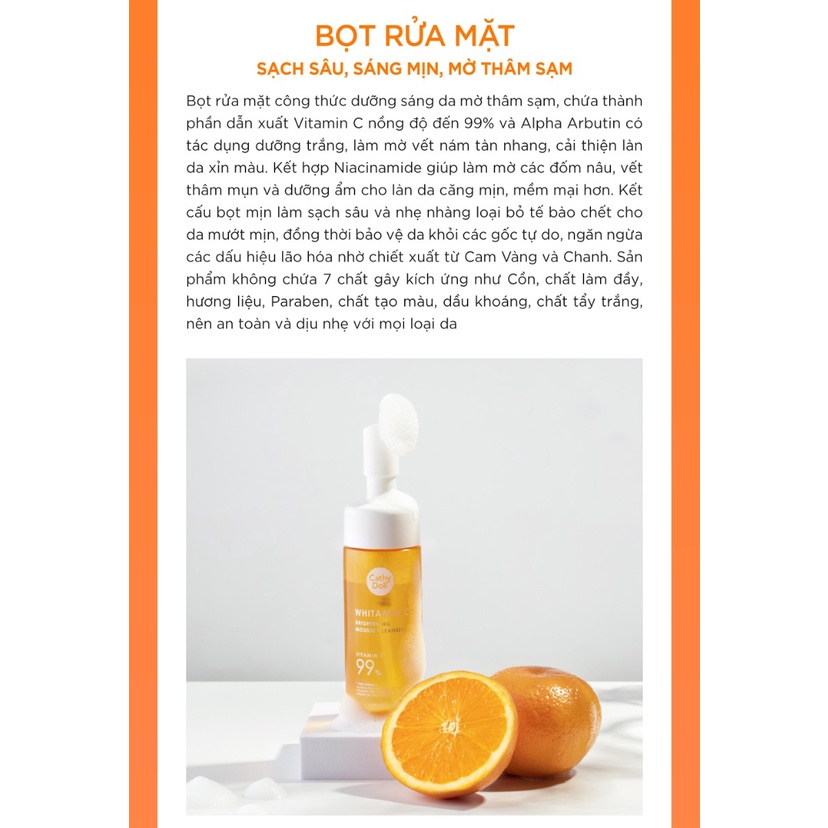 Bọt rửa mặt dưỡng trắng da mờ thâm Cathy Doll Whitamin C Brightening Mousse Cleanser 150ml