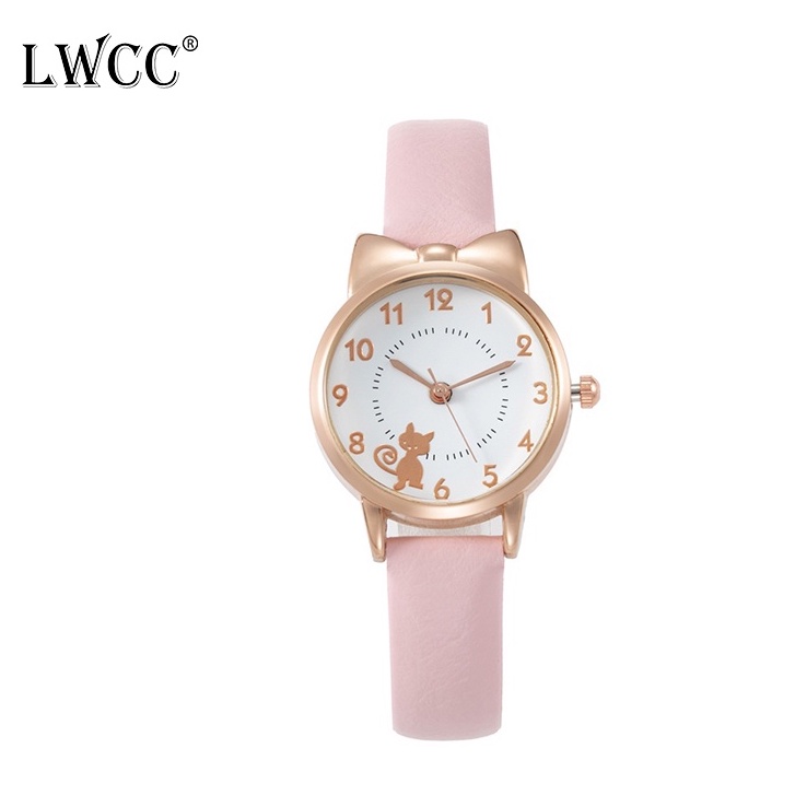 LWCC X26 Đồng hồ đeo tay dây da mặt họa tiết mèo dễ thương dành cho nữ