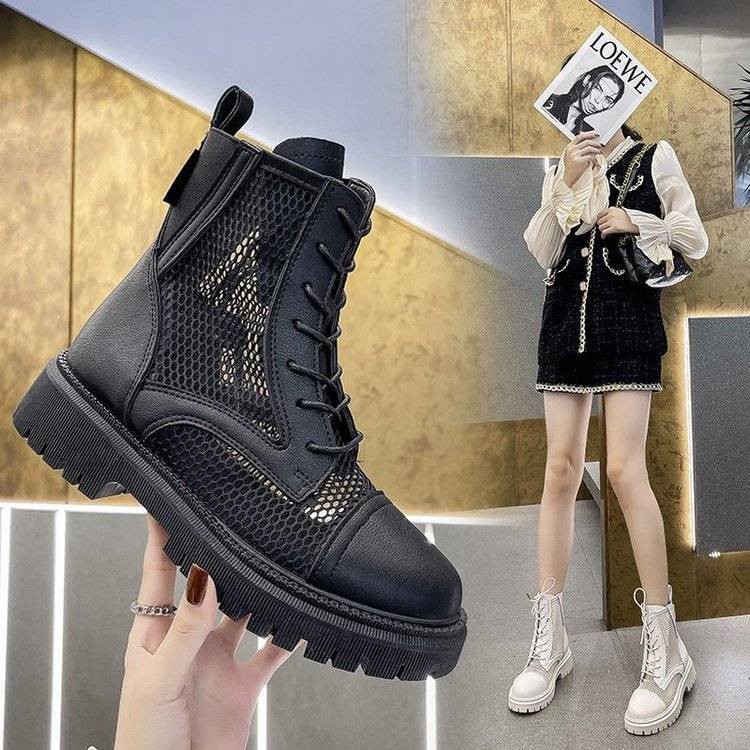 giày Martin boots lưới thoáng khí của phụ nữ 2021 mùa xuân và hè mới màu đỏ cao cổ mỏng đế bệt kiểu La Mã