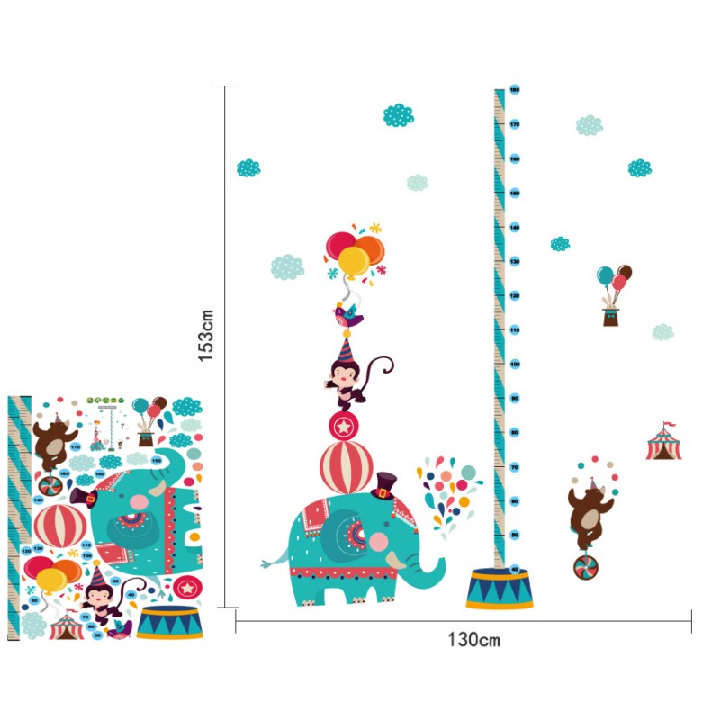 Decal dán tường thước đo chú voi và khỉ