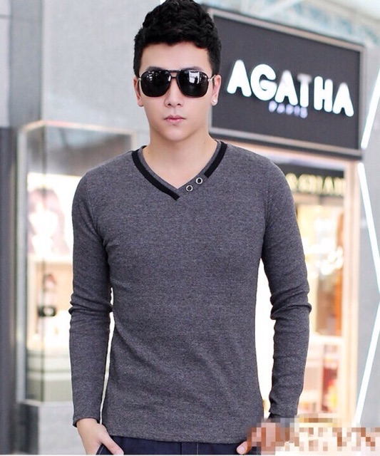 Áo thun Hàn Quốc tay dài cổ tim cách điệu - thời trang - cá tính - MỐT (đen) | BigBuy360 - bigbuy360.vn