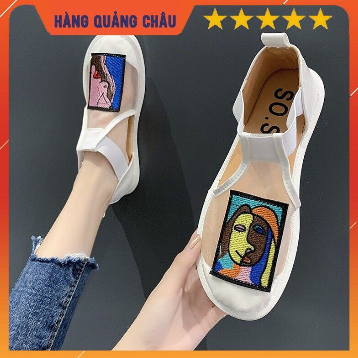 Giày sandal nữ T09 bánh mì in hình cô gái quai lưới dán cá tính Ảnh thật