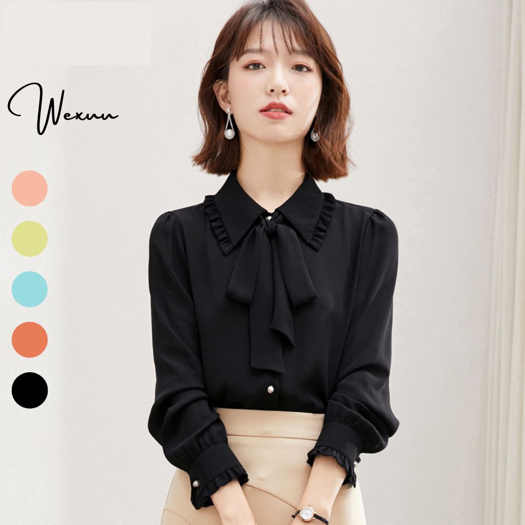 Áo sơ mi nữ Wexuu Design áo kiểu nữ thắt nơ tiểu thư thời trang công sở chất vải đẹp- Xu03 Đen