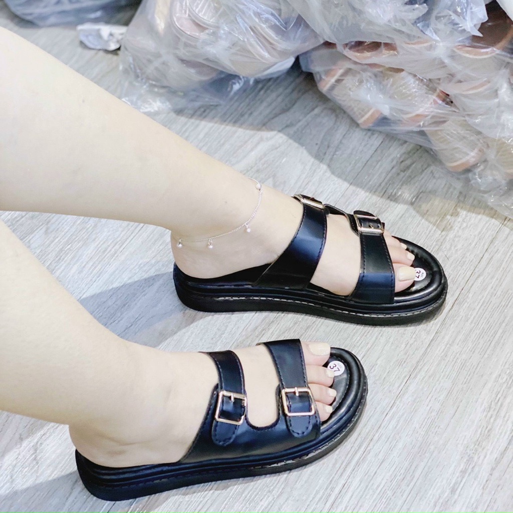 Sandal và dép lê da mịn 2 đai ngang đen trắng mũi tròn - 2P